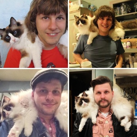 Dyllan Christopher wearing his cat Lola as a shawl.